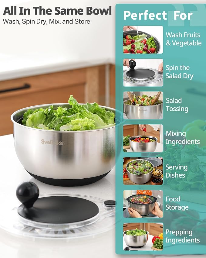 Stainless Steel Salad Spinner with Storage Lid, 5.3 Qt, BPA-Free, 4-in-1 Multi-Functional Lettuce Spinner, Fruit & Vegetable Washer, Easy Clean, Stop Button, Non-Slip Base