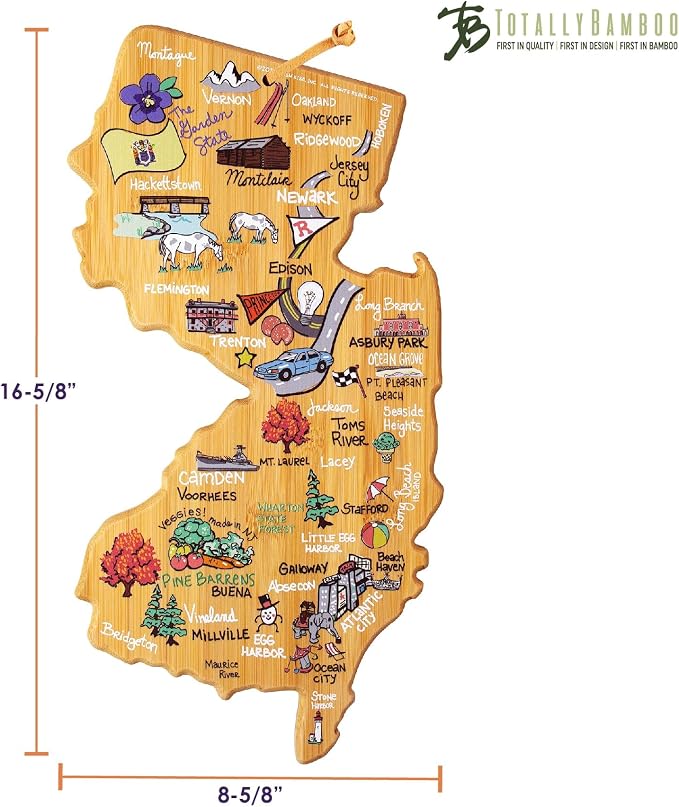 Totally Bamboo New Jersey State Shaped Cutting Board, Art by Fish Kiss | State charcuterie board with colorful hand-drawn map artwork. Smooth reverse side for food prep. Hang tie for wall display.