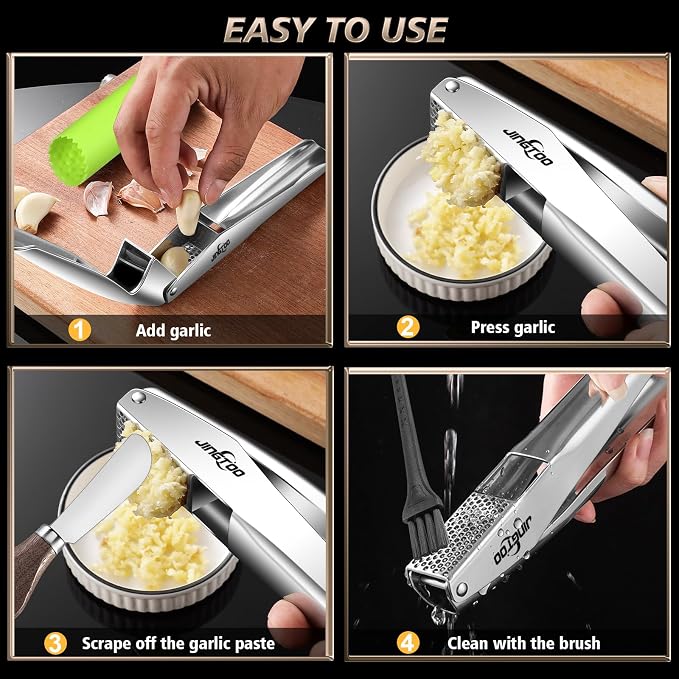 Garlic Press Stainless Steel, Premium Garlic Mincer No Need to Peel | Garlic Crusher & Ginger Masher, Large Trough, Ergonomic Handle, Easy Squeeze, Rust Proof, Dishwasher Safe, 5 Years Warranty
