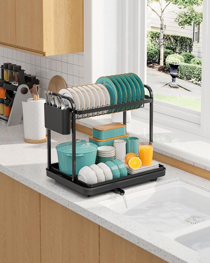 Sakugi 2-Tier Dish Drying Rack - Stainless Steel Dish Rack with Cutlery & Utensil Holders for Kitchen Counter, Sink Organization and Storage for Small Family, 15" W x 11.4" L x 15" H, Black | Kitchen, Sink Counter, Stainless Steel, Counter Top, Utensil...