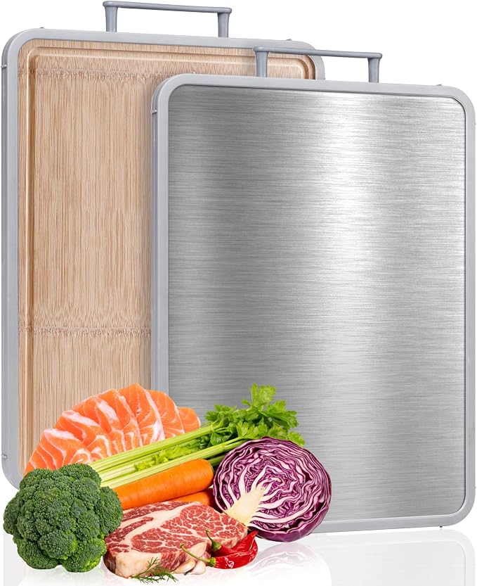 Stainless Steel Cutting Boards for Kitchen, 16"x12" Bamboo Cutting Board Double Sided Food Grade, Pure Titanium/Bamboo Kitchen Gadgets Chopping Board