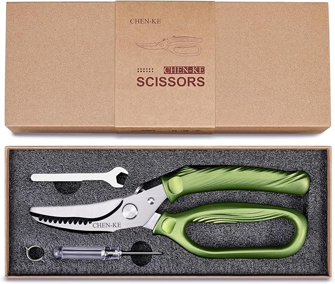 CHEN-KE Rust Resistant Heavy Duty Multipurpose Kitchen Shears-Green | Stainless Steel Kitchen Scissors, One-Hand, Ergonomic Grip, Sharp Durable Poultry Scissors for Chicken, Meat, Food Cutting