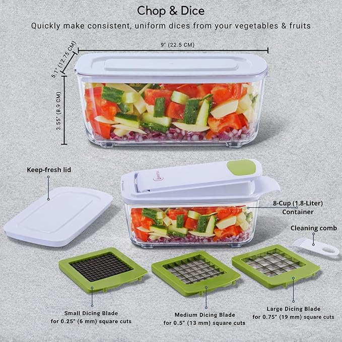 Brieftons QuickPush Manual Vegetable Chopper: 8-Cup Push-Down Onion Dicer & Food Chopper, 3 German Steel Blades, BPA-Free Container with Keep-Fresh Lid and Cleaning Comb - Manual, Dishwasher Safe
