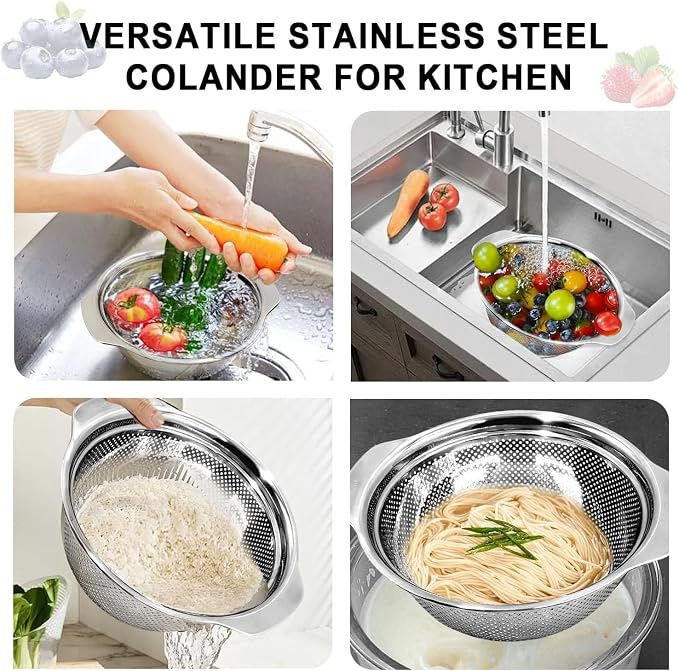 Stainless Steel Colander for Kitchen, 5 QT Rice Washer Strainer Bowl | Large Capacity | Non-Slip Handle | Strainer Bowl for Rice, Pasta, Vegetable, Fruit Draining | Colanders & Food Strainers