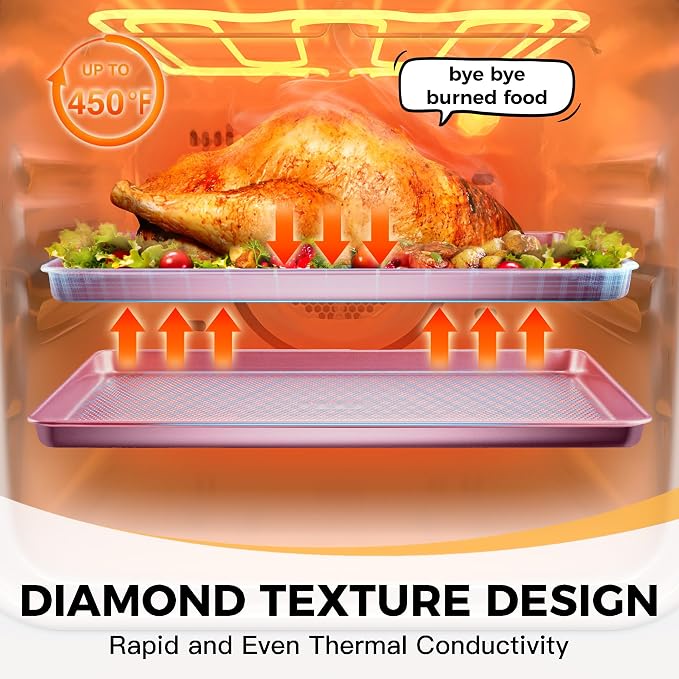 9-Piece Baking Pans Set Nonstick, Stackable Non Toxic Bakeware Sets with Diamond Texture, Oven Pan Set for Cooking, Includes Cookie Sheet with Rack, Cake Pan, Roasting Pan, Muffin Tin, Pink