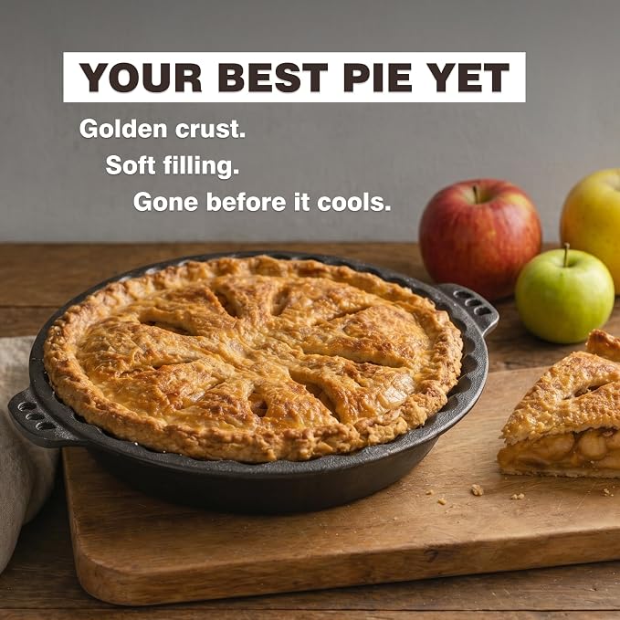 Cast Iron Pie Pan | Pre-Seasoned Round Baking & Serving Dish | 9" | Pan for Apple, Pumpkin & Cherry Pies, Quiche & Tarts | For Baking & Serving | Silicone Trivet Included | 9", 2" Deep