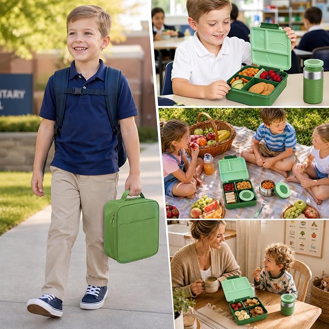 Bento Lunch Box Set for Kids with 8oz Soup Thermo, Leak-Proof Lunch Containers with 4 Compartment, Kids Thermo Hot Food Jar and Insulated Lunch Bag for Kid to School-Green