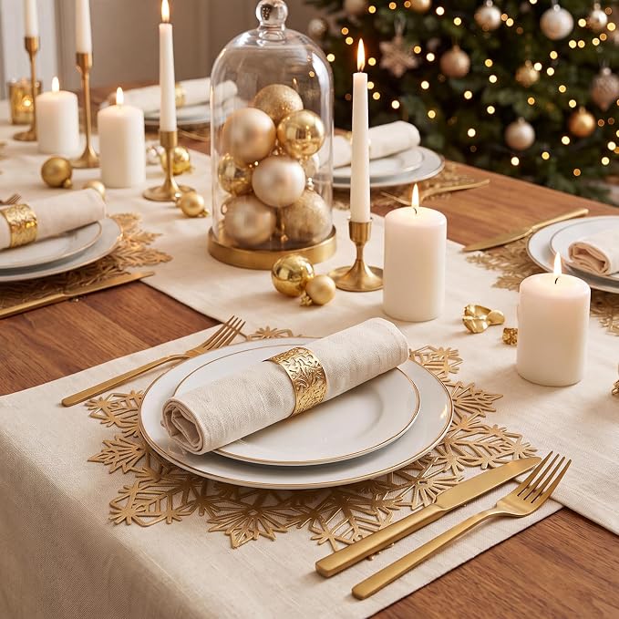 ADRIMER Snowflake Placemats Set of 12, Gold Vinyl Table Mats 15 Inch | Easy to Clean Placemat, Heat Resistant Hollow Wipeable Table Placemats for Thanksgiving Christmas Wedding Holiday Decor