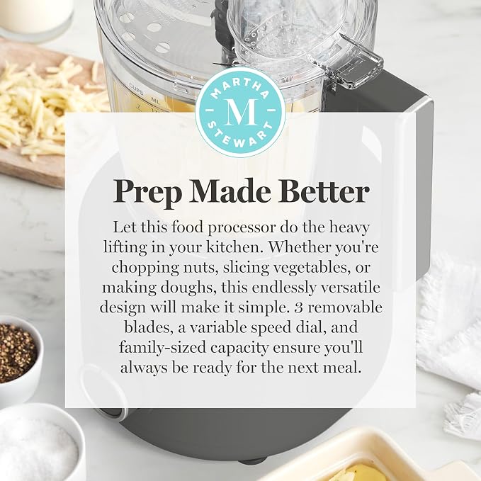 Martha Stewart 10 Cup Food Processor & Electric Chopper, One Touch Pulse | BPA-Free Bowl, 3 Multipurpose Blades, Easy Food Prep, Chop, Slice, Shred, Puree, Emulsify, Speed Dial, Wide Feed Chute, Gray