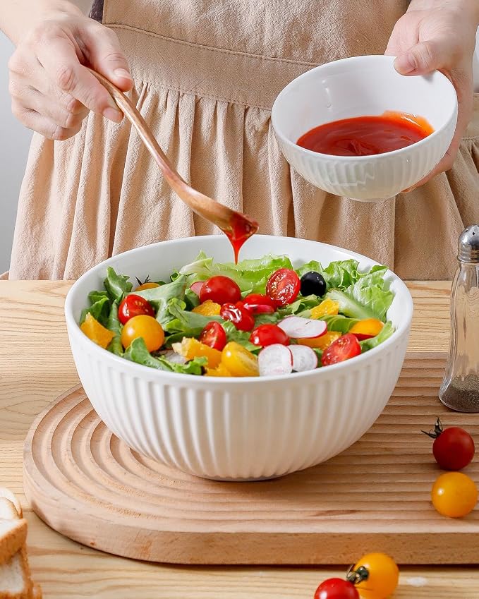 HASENSE White Ribbed Ceramic Serving Bowls Set of 3 | Stackable Nesting Salad Bowls, Large Prep Mixing Bowls for Pasta Fruit Baking Kitchen Counter Storage