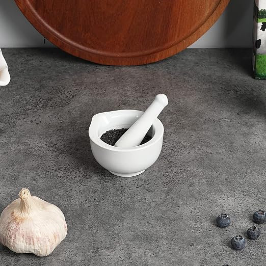 Mortar and Pestle Set (3.2 Inch) | Ceramic stoneware, sturdy, multi-purpose, spice/herb/pill, easy-clean, non-slip, comfy, dishwasher-safe, compact, elegant
