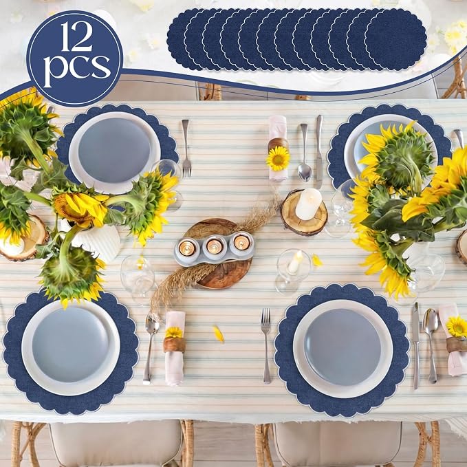Set of 12 Navy Blue Cotton Placemats 15" Round Scalloped White | Double Layered Cotton Fabric, Washable Embroidery, White Edge Edge, Rustic Table Mats for Wedding Dining Table Decor