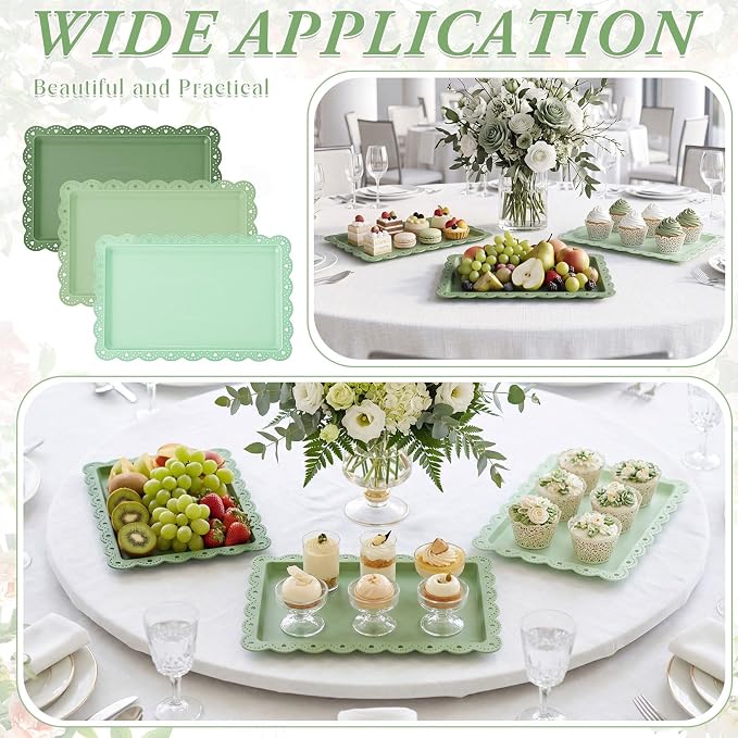 3 Pcs Green Serving Trays Plastic Platters Dessert Cupcake Holder Party Supplies 14.4 x 9.3 Inches Rectangular Cookie Snack Display Tray for Wedding Restaurant