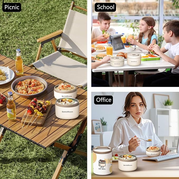 Bento Box Adult — Round Stackable Lunch Box for Women (450ml & 600ml) with Insulated Carry Bag | 304 Stainless Steel Removable Inserts | Microwave & Dishwasher Safe, Brown