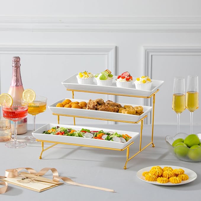 MALACASA 3 Tier Serving Trays for Party, 14 Inch Porcelain White Trays for Serving Food, Dessert Stand with Collapsible Gold Metal Rack | Tiered Serving Stand for Party, Fruit Tray, Trays for Serving Food, Dessert Stand with Collapsible Sturdier Gold M...