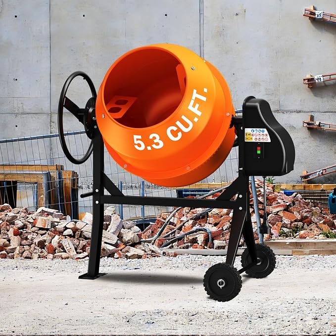 5.3 Cu.Ft. 1HP Electric Cement Mixer, 750W, 140L Portable Concrete Mixer Machine with Stand & Wheels, for Stucco, Mortar, Seeds - 2026 Upgraded (Orange)