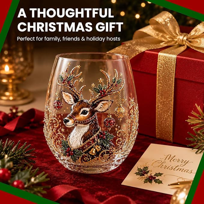 Christmas Wine Glasses, 12oz Stemless Holiday Glassware with Festive Style (Christmas Tree (A))