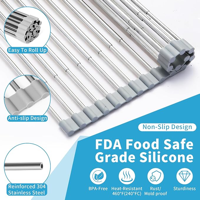 Expandable Roll-UP Dish Drying Rack-Large 304 Stainless Steel Dish Drainer Over The Sink for Kitchen Countertop,Extendable & Rollable & Food Grade (Silver,22.08'x 13.2')
