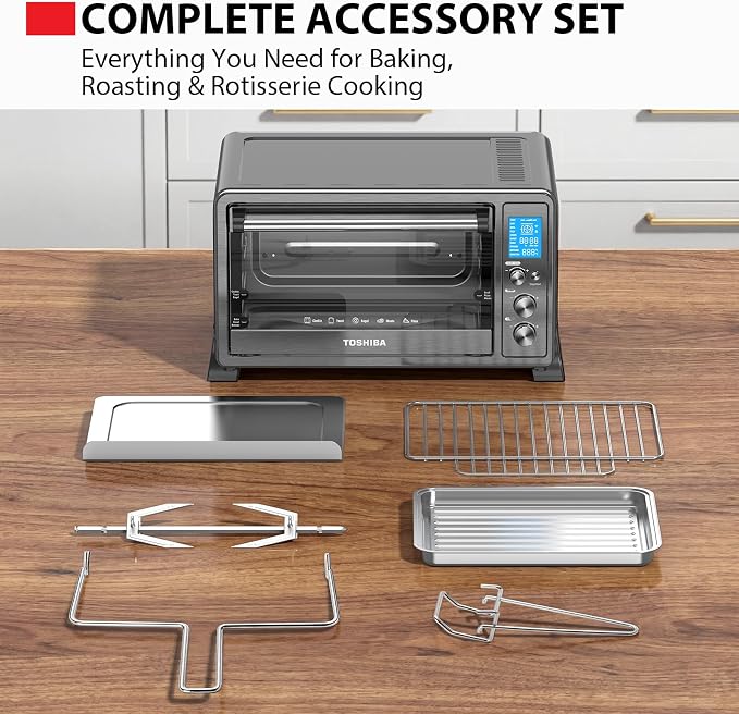 TOSHIBA 10-in-1 Convection Toaster Oven, 6-Slice Countertop Oven, 1500W | Bake, Broil, Rotisserie & Pizza Functions, LCD Knob Controls, 6 Accessories, with Toast, 1500W, Black Stainless Steel