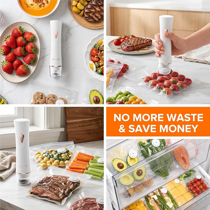 Handheld Vacuum Sealer for Food with Visible Liquid Tank | Compact Powerful Food Vacuum Sealer Machine with 10 Reusable Bags, Seal Meal Saver, Portable & Wireless, White