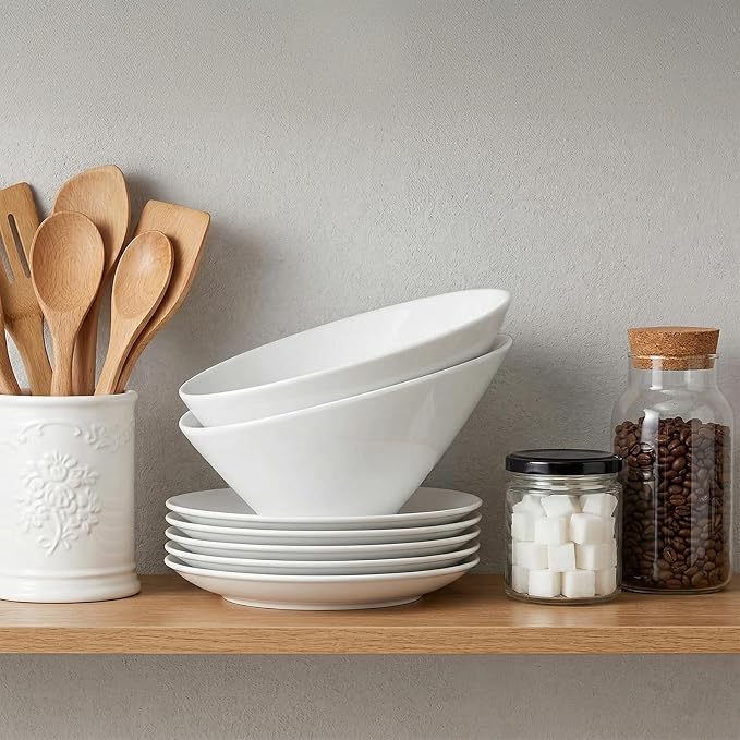 Yesland 24oz White Ceramic Serving Bowls Set of 2, 9.5" Angled Salad Pasta Bowls, Dishwasher Microwave Safe for Soup, Ramen, Cereal, Rice, Noodle, Kitchen & Restaurant Use