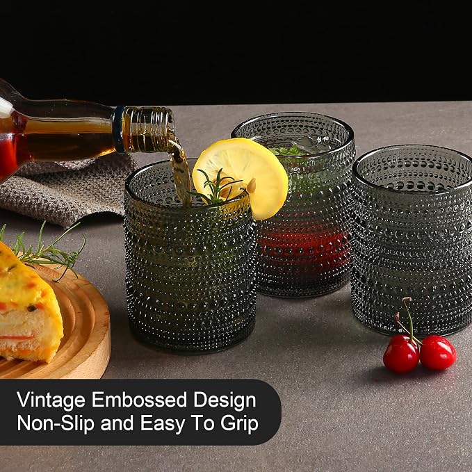 ZMOWIPDL Drinking Glasses Set of 6,12oz Grey Hobnail Glass Cups | Vintage Glassware,Embossed Water Tumbler,for Beer,Cocktail,Whiskey,Juice and Various Mixed Drinks- 1 Cleaning Brush