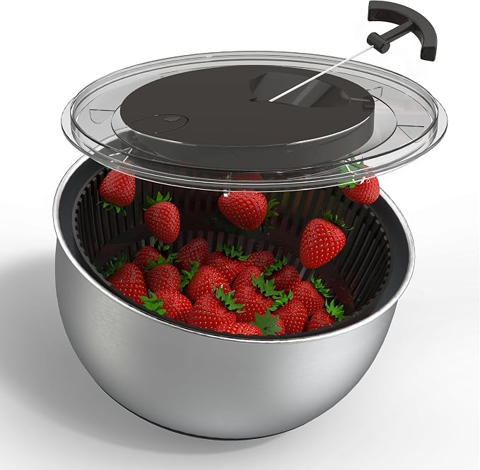 COOK WITH COLOR Stainless Steel Salad Spinner - 5 Qt. Lettuce Washer And Vegetable Spinner Dryer for Easy Salad Prep - Non Slip Base with Pull Handle - Auto Stop Brake System, Stain and Odor Resistant