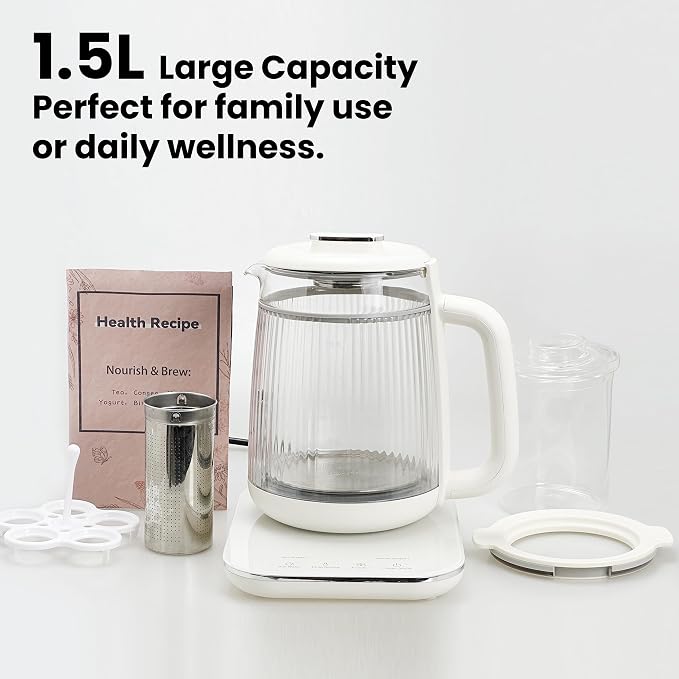 Double-Layer Electric Kettle1.5L with Stew Pot,Glass Health Pot, 9-in-1 Glass Tea Maker, Programmable Touch Panel, Stainless Steel Base for Soup, Porridge, Herbal Tea