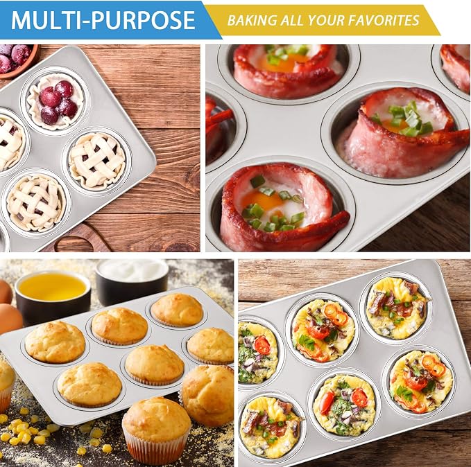 E-far Stainless Steel Muffin Pan Set of 2, 6-Cup Cupcake Tin for Baking | Metal Muffin Tray, Non-toxic & Healthy, Oven & Dishwasher Safe, Regular Size - 11.44 x 7.12 x 1.25 Inch