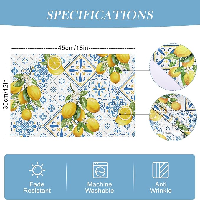 Bonhause Lemon Summer Placemats Set of 4, 12x18 Inch Italian Blue Tiles Lemons Yellow Fruits Mediterranean Kitchen Dining Table Mats Washable Place Mats for Indoor Outdoor Home Party Decor