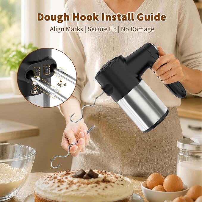 binROC Cordless Electric Hand Mixer, 7-Speed with Storage Base, Black | Rechargeable, Eject Button, Long Battery, Quiet Anti-Splash, 6×304 Stainless Attachments, Self-Stand for Cake, Dough Baking