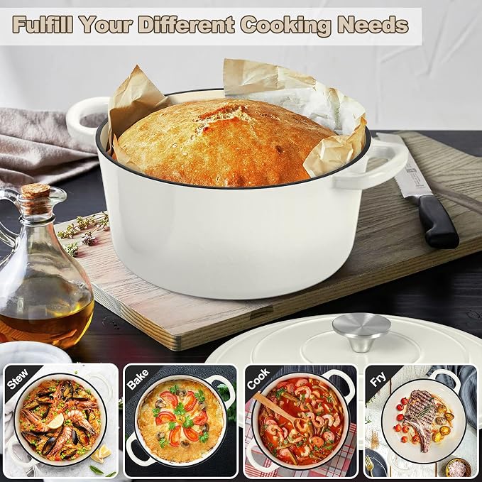 P&P CHEF 7QT Enameled Dutch Oven, Dutch Oven Pot for Bread Baking, White | 7 Quart Enameled Cast Iron Casserole Pot with Lid, for Roasting Braising Stewing Frying Simmering, Work on Various Stoves