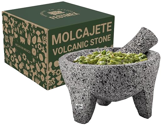 Genuine Handmade Mexican Mortar and Pestle Set- 8 Inches, Molcajete Mexicano — Mexican Cookware Perfect as Salsa Bowls, Guacamole Bowl and Masher, Mortero Para Cocina made from Volcanic Rock in Mexico
