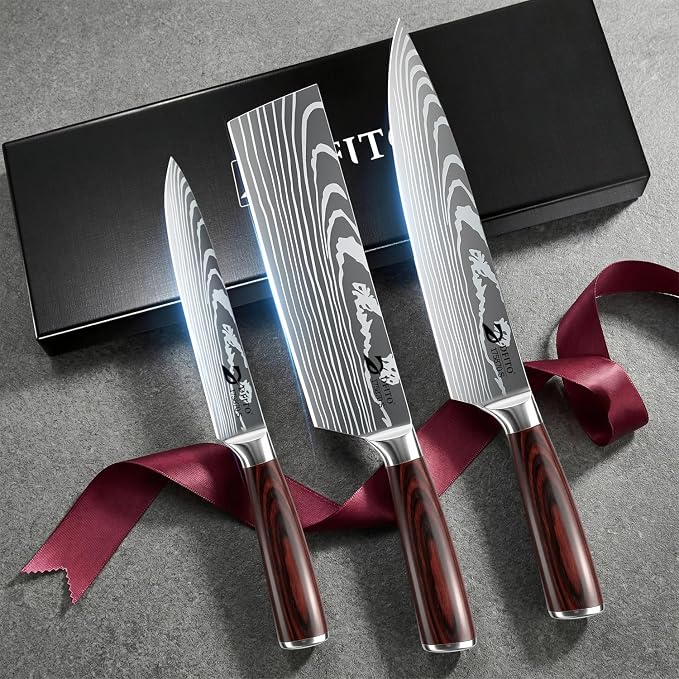 Kitchen Knife Set 3 Pieces, Professional Chef Knives Set Gift Box | High Carbon Stainless Steel Chef Knife Set with Ergonomic Pakkawood Handle, Sharp Cooking Knives for Kitchen & Home Cooking