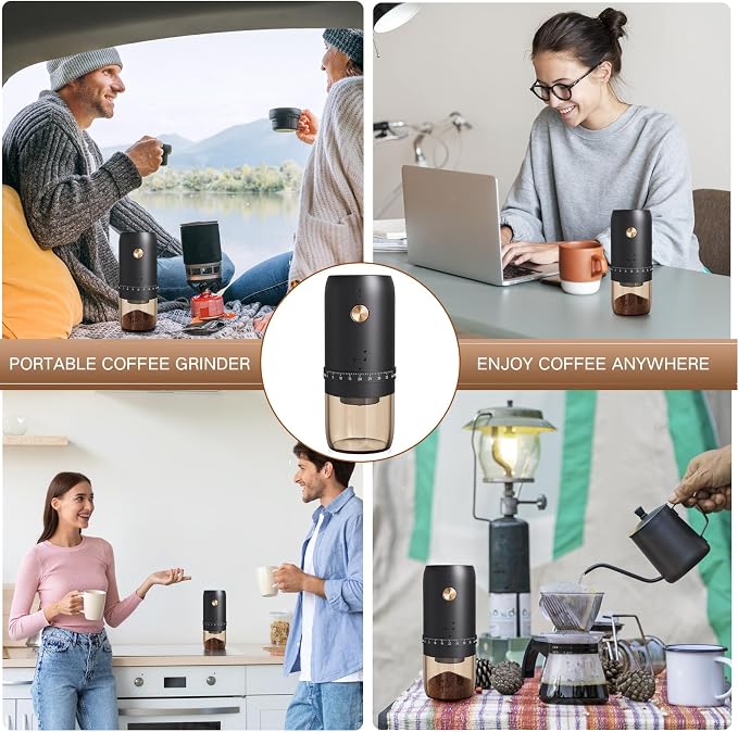Portable Electric Coffee Grinder, 40 Settings, Conical Burr, USB-C, Black | CNC420 stainless steel burr grinds 15 g in 2 minutes, stops automatically, and comes apart for easy cleaning at home or away