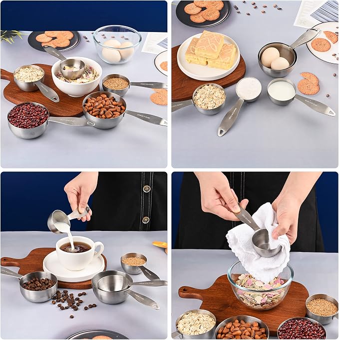 Measuring Cups and Spoons, 12 Piece Metric & US 18/8 Stainless Steel Measuring Cup and Spoon Set, Dry Metal Measuring Cups Spoons & Leveler & Measure Equivalents for Kitchen & Baking