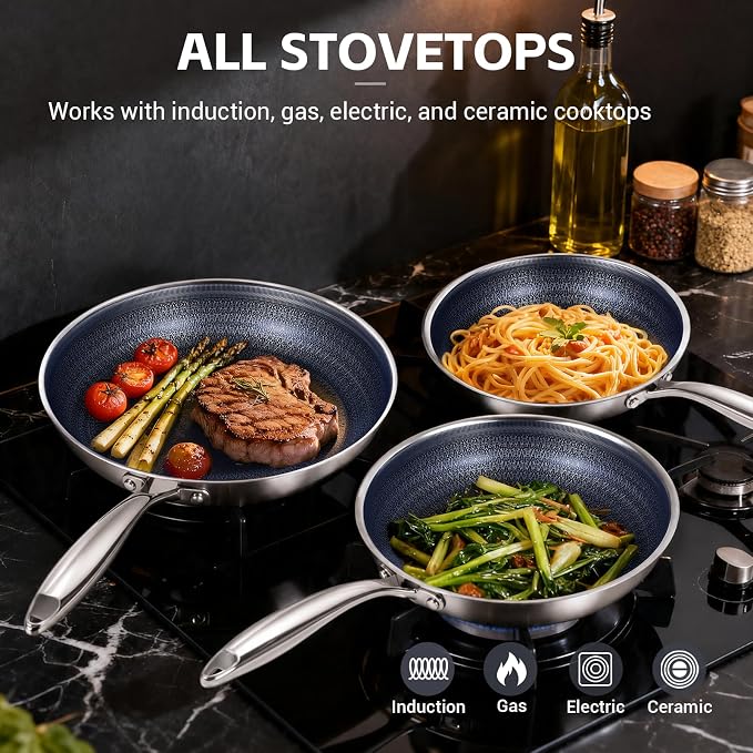 Ammeloo Hybrid Tri-Ply Stainless Steel Frying Pans Set, 8"/9.5"/11" Cooking Pans, Non Stick Frying Pans and Skillets, Chef Pan, Non Toxic, Dishwasher Safe, Induction Compatible, Blue Interior