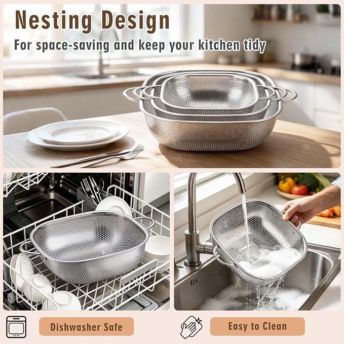 P&P CHEF Stainless Steel Colander Set, Strainers and Colanders for Kitchen | 3 Pcs Square Metal Colander Set, For Washing Draining Rinsing Spaghetti Fruit Food, Dishwasher Safe & Healthy, 2.4 / 4 / 6 Qt