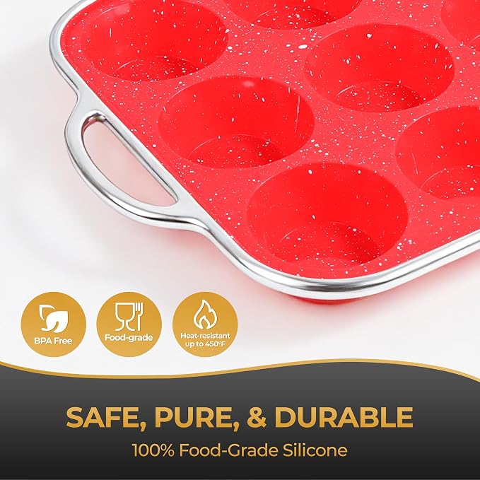 12-Cup Mini Silicone Muffin Pan with Reinforced Steel Frame,Red-Whitedot | Regular Size Cupcake Pan, BPA Free Silicone Muffin Tray, Reinforced Steel Frame for Stability, Easy Baking & Cleanup, 2Pk