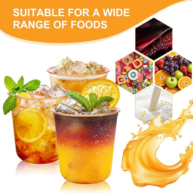 KesaPlan 100Pcs 12oz Orange Plastic Party Cup, Disposable Wine Cocktail Cup | Halloween Fall Cute Crystal Wine Stemless Glasses, Round Bottom PET Cold Drink Cups for Thanksgiving Wedding Birthday Party