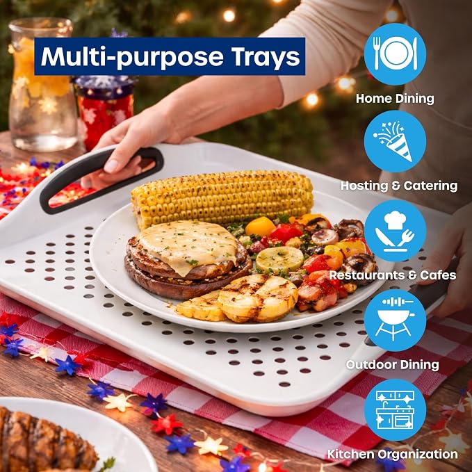Food Trays for Eating on Couch - 2 Pack - Non Slip Dinner Trays for Eating Set of 2 Non Slip Serving Tray and Food Tray with Handles (White)
