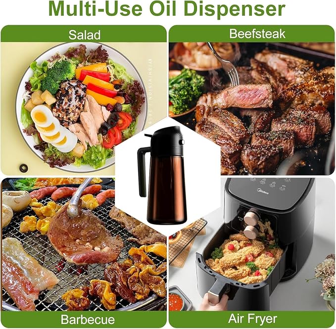 Olive Oil Sprayer & Dispenser for Cooking, 16oz Dark Glass Oil Mister, 2PC | 2-in-1 Oil Sprayer & Pourer, Fine mist, Light-Blocking, Wide Mouth for Easy Refill & Clean, 8 Oil Labels, Reusable