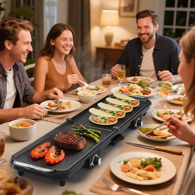 Sunvivi 38'' Extra Large Electric Griddle - Foldable Grill Nonstick Plate | with 2 Adjustable Temp Knobs & Drip Tray,Easy to Clean,1600W for Indoor/Outdoor Teppanyaki BBQ