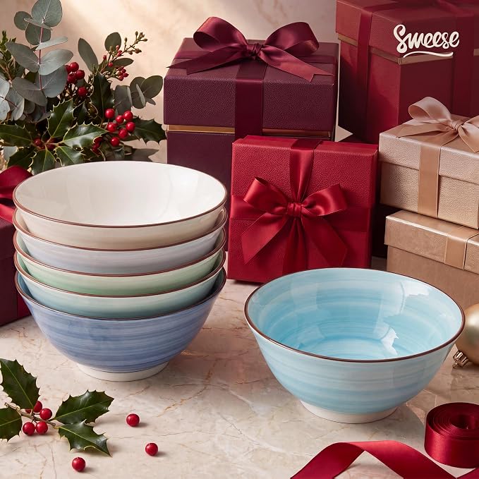 Sweese 18 oz Ceramic Soup Bowls Set of 6, Blue Pasta Bowls for Ramen, Salad, Noodles, Cereal and Soup, Stackable Serving Bowls for Everyday Meals