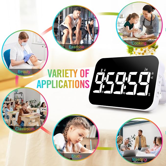 Kitchen Timer for Cooking, Rechargeable Digital Magnetic Timer with Large LED Display, Loud Alarm, Sound Countdown, 4 Volume Levels and 3 Brightness for Classroom, Study (White)