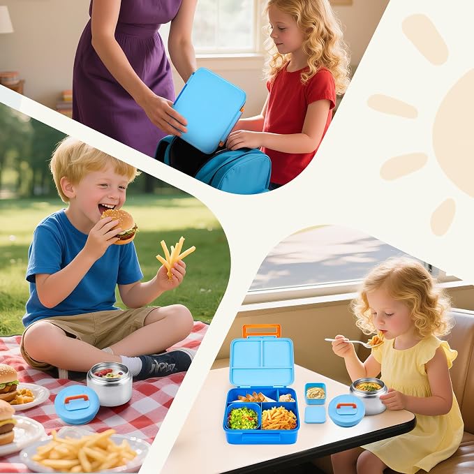 Bento Lunch Box for Kids with 8oz Soup Thermo Leak-Proof Lunch Food Containers with Snack Sauce Container for Kid Girls Boys to School, Blue
