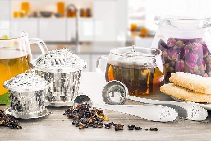 Tea Infuser Set of 2 with Tea Scoop & Drip Trays - 304 Stainless Steel Ultra Fine Mesh Loose Leaf Tea Strainer, Reusable Tea Steeper Basket for Rooibos, Green, Black, Herbal & Oolong Tea, etc