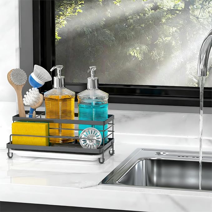 Cisily Sponge Holder for Kitchen, Sink Caddy Organizer, Kitchen Sink Accessories with Drip Tray, Rustproof and Non-slip Kitchen Sink Sponge Holder (Gray)