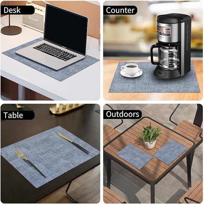 Faux Leather Heat Resistant Placemats 12 Packs, Waterproof Wipeable Dining PU Place Mats for Indoor & Outdoor, Easy to Clean, Denim Blue