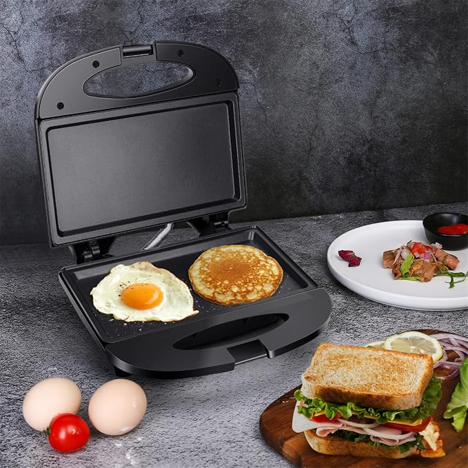 Aigostar Sandwich Maker Flat with Non-stick Deep Grill Surface, Black | 750W, Cool-Touch Handle, Overheat Protection, Compact Electric Grill for Egg, Ham, Steak, Tostadora de Pan, ETL Certificated